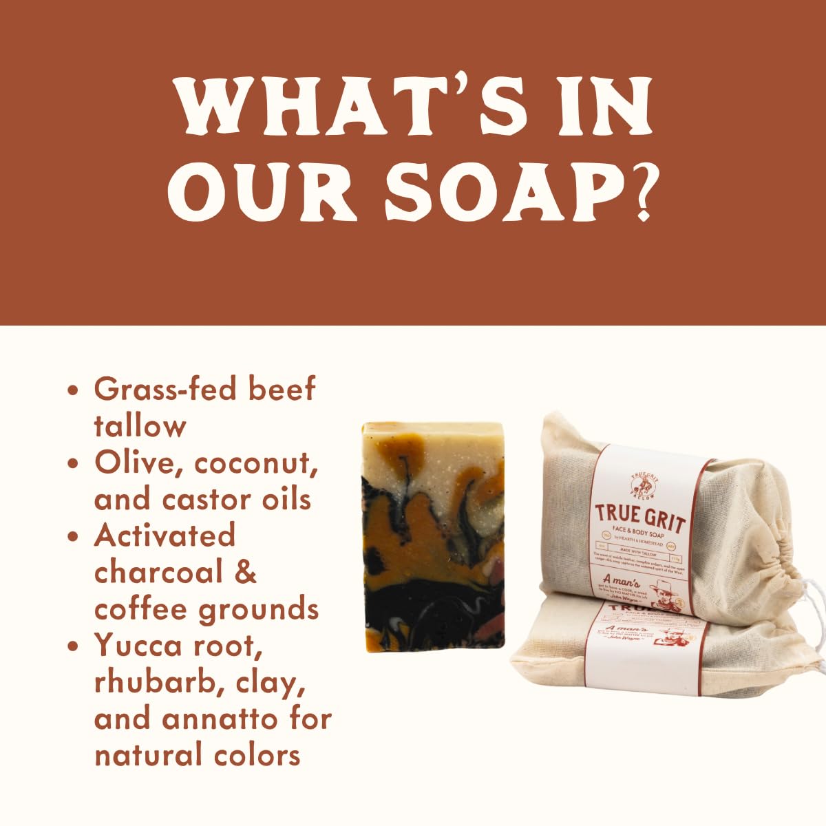 True Grit Tallow – Beef Tallow Soap Bar 3-Pack – John Wayne Inspired – Cedar & Campfire Scent – Cold Process Bar Soap with Activated Charcoal & Coffee Grounds – 4 oz Each