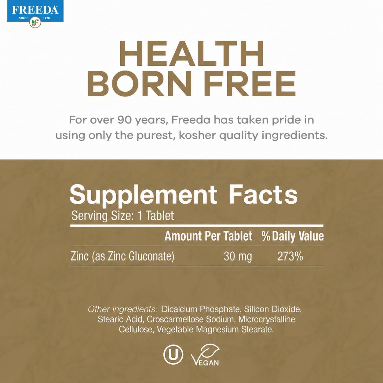 FREEDA Elemental Zinc 30mg – Vegan Immune, Skin & Eye Support – 100 Tabs | Tiny Easy-to-Swallow Tablets Made with Zinc Gluconate – Gluten-Free, Kosher, and Made in USA GMP-Compliant Facilities