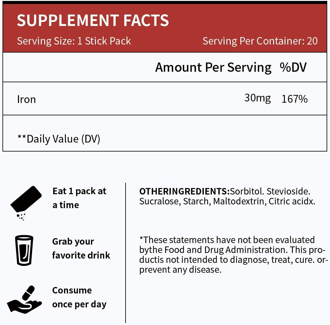 Iron Supplement, 30 Mg Iron Supplement for Women and Men, Promotes Red Blood Cell Production, Supports Iron Deficiency in Adults, 20 Ready-to-Drink Powder Sachets