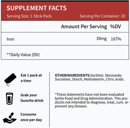 Iron Supplement, 30 Mg Iron Supplement for Women and Men, Promotes Red Blood Cell Production, Supports Iron Deficiency in Adults, 20 Ready-to-Drink Powder Sachets