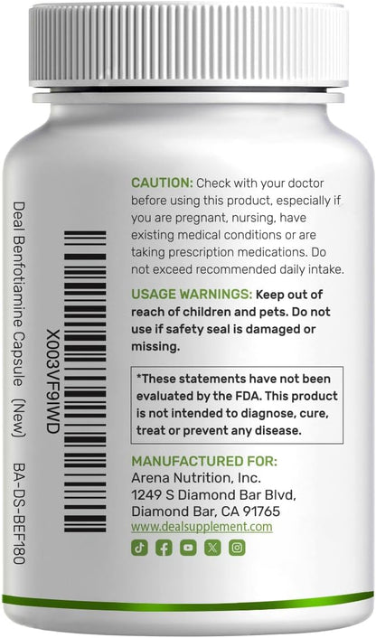 Benfotiamine 600mg Per Serving, 180 Veggie Capsules (300mg Per Cap) – Fat Soluble Vitamin B1 Thiamine Supplement – 3rd Party Tested, Vegan, Non-GMO, Gluten Free