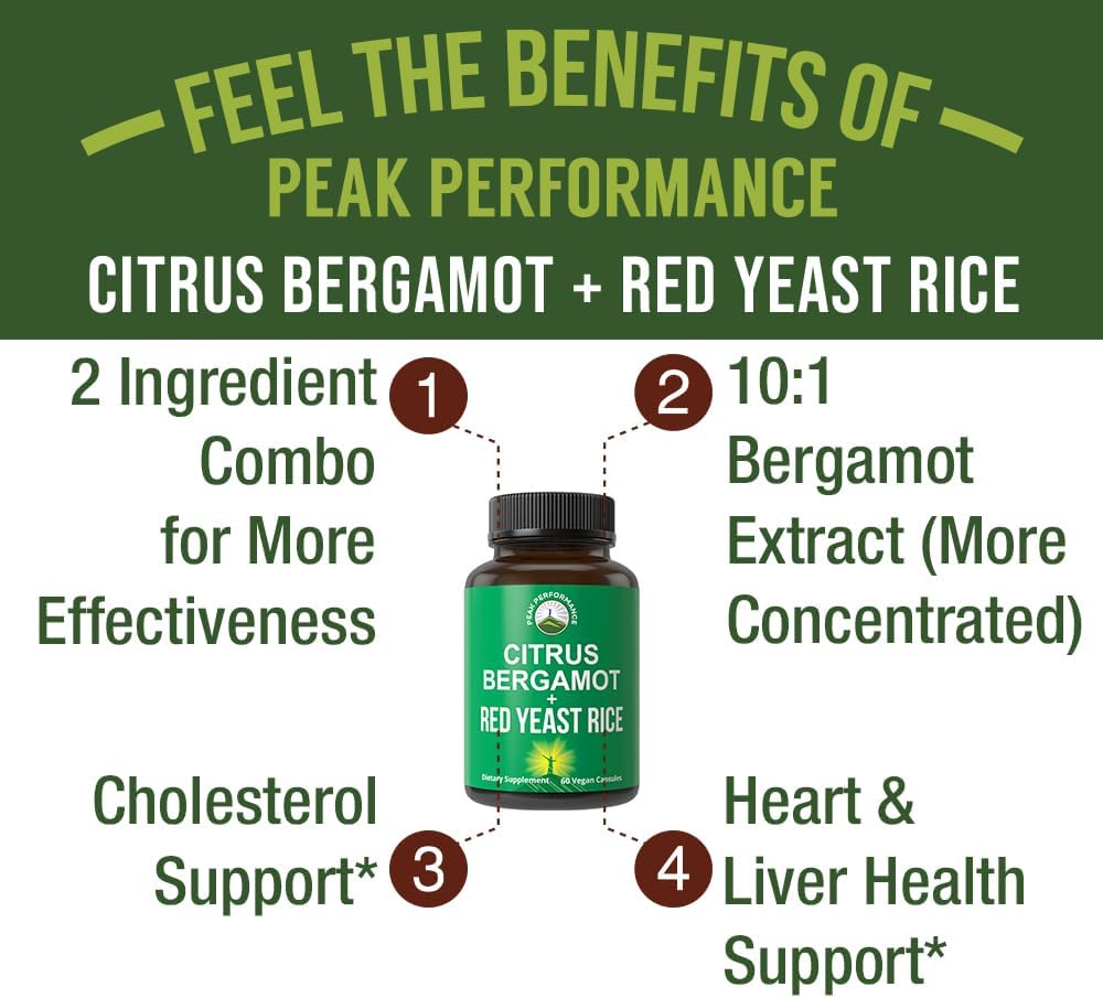 Peak Performance Citrus Bergamot + Red Yeast Rice. 2-in-1 Supplement. High Strength 10:1 Bergamot Extract. No Gluten, Zero Sugar, Vegan Capsules