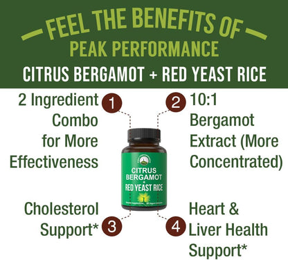 Peak Performance Citrus Bergamot + Red Yeast Rice. 2-in-1 Supplement. High Strength 10:1 Bergamot Extract. No Gluten, Zero Sugar, Vegan Capsules