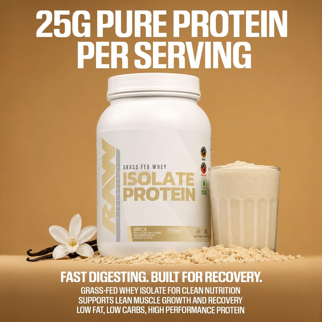 RAW Whey Isolate Protein Powder, Dark Chocolate - 100% Grass-Fed Sports Nutrition Whey Protein Powder for Muscle Growth & Recovery - Low-Fat, Low Carb, Naturally Flavored & Sweetened - 25 Servings