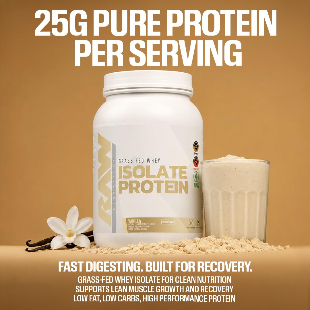 RAW Whey Isolate Protein Powder, Dark Chocolate - 100% Grass-Fed Sports Nutrition Whey Protein Powder for Muscle Growth & Recovery - Low-Fat, Low Carb, Naturally Flavored & Sweetened - 25 Servings