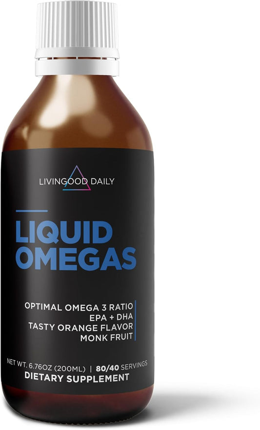 Livingood Daily Liquid Omega 3 Fish Oil, EPA & DHA Supplement with Monk Fruit & Orange Flavor, Supports Heart, Joint & Brain Health, Fish Oil for Men & Women, Non GMO, Gluten Free, 200 ML, 40 Servings