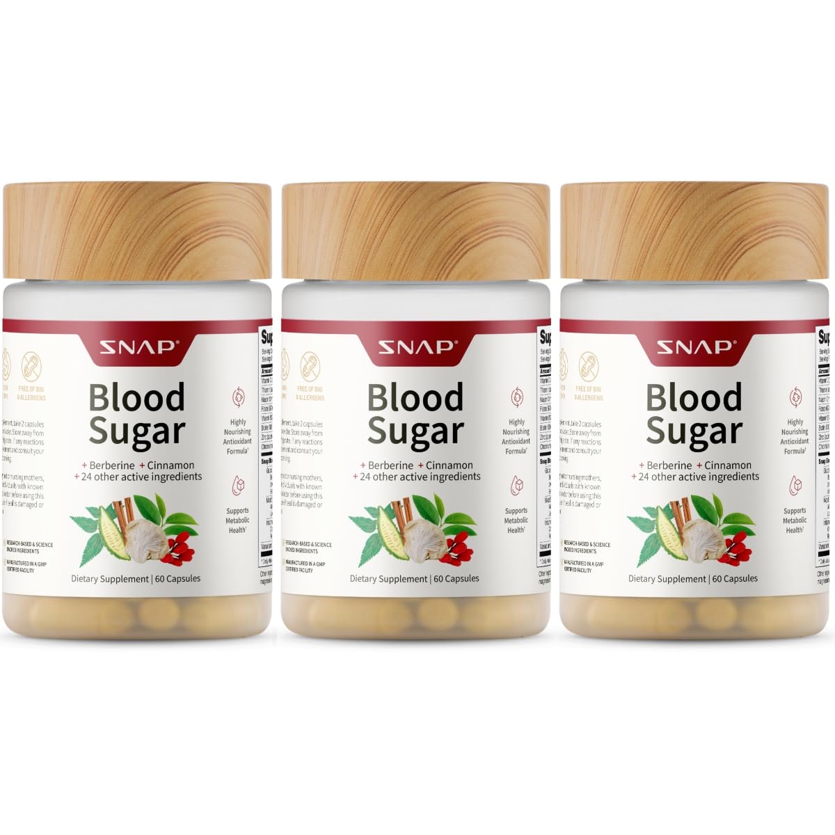 Snap Supplements Blood Sugar Blend with Berberine, CoQ10, 60 Vegan Capsules | Support Already Healthy Blood Sugar, Metabolic Health and Energy, Sugar Free, with CoQ10, Cinnamon (Packaging May Vary)