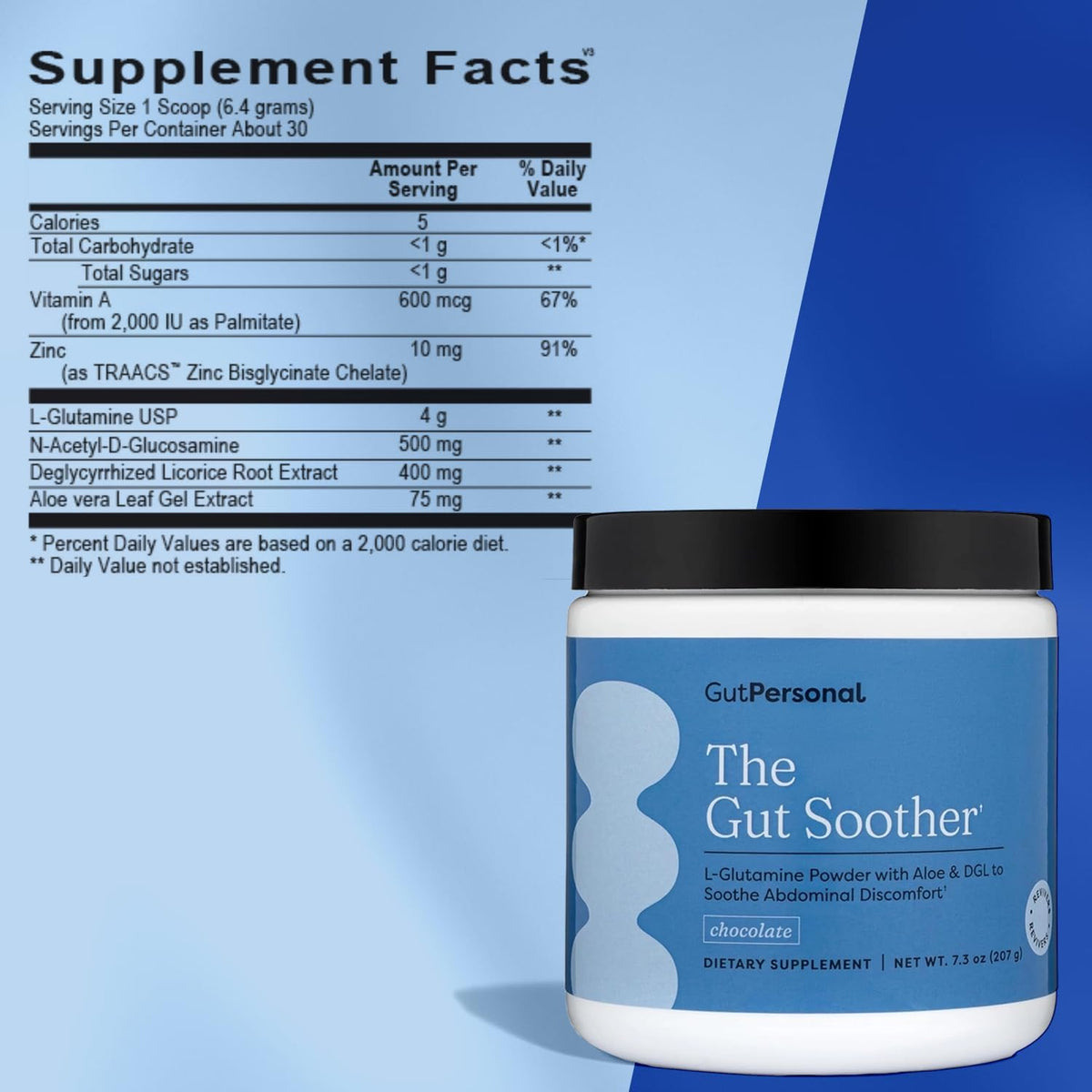 GutPersonal The Gut Soother L-Glutamine Powder Supplement: Restore Gut Lining, Soothe Digestive Discomfort While Promoting Overall Gut Health, 30 Servings (Chocolate)