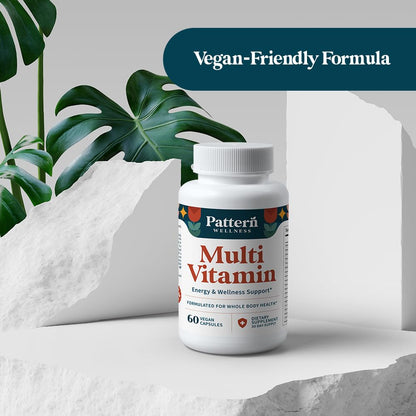 Pattern Wellness Multivitamin for Men & Women – 60 Vegan Capsules | Vitamin A, B, C, D, E – Supports Energy & Wellness – Whole Body Health – Daily Multivitamin Supplement
