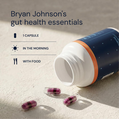 Blueprint by Bryan Johnson Essential Microbiome Capsules, Digestive & Gut Health Support for Women and Men, Delayed-Release 2-in-1 Postbiotic Daily Oral Microbiome Supplement for Healthy Digestion*