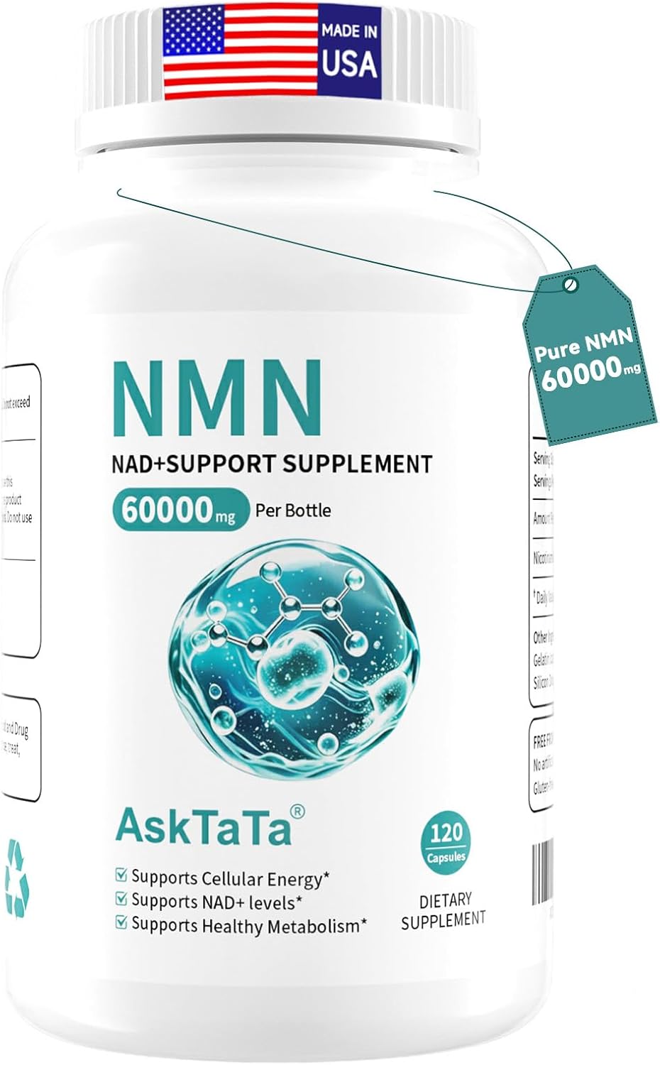 Pure NMN Supplement 60000mg,Supports Cellular Energy & NAD+ Balance,Nicotinamide Mononucleotide NAD Support for Healthy Aging,120 Capsules,60 Days Supply