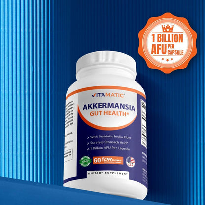 Vitamatic Akkermansia Muciniphila Gut Health - 60 DR Capsules (Delayed Released) - Made with Prebiotic Inulin Fiber