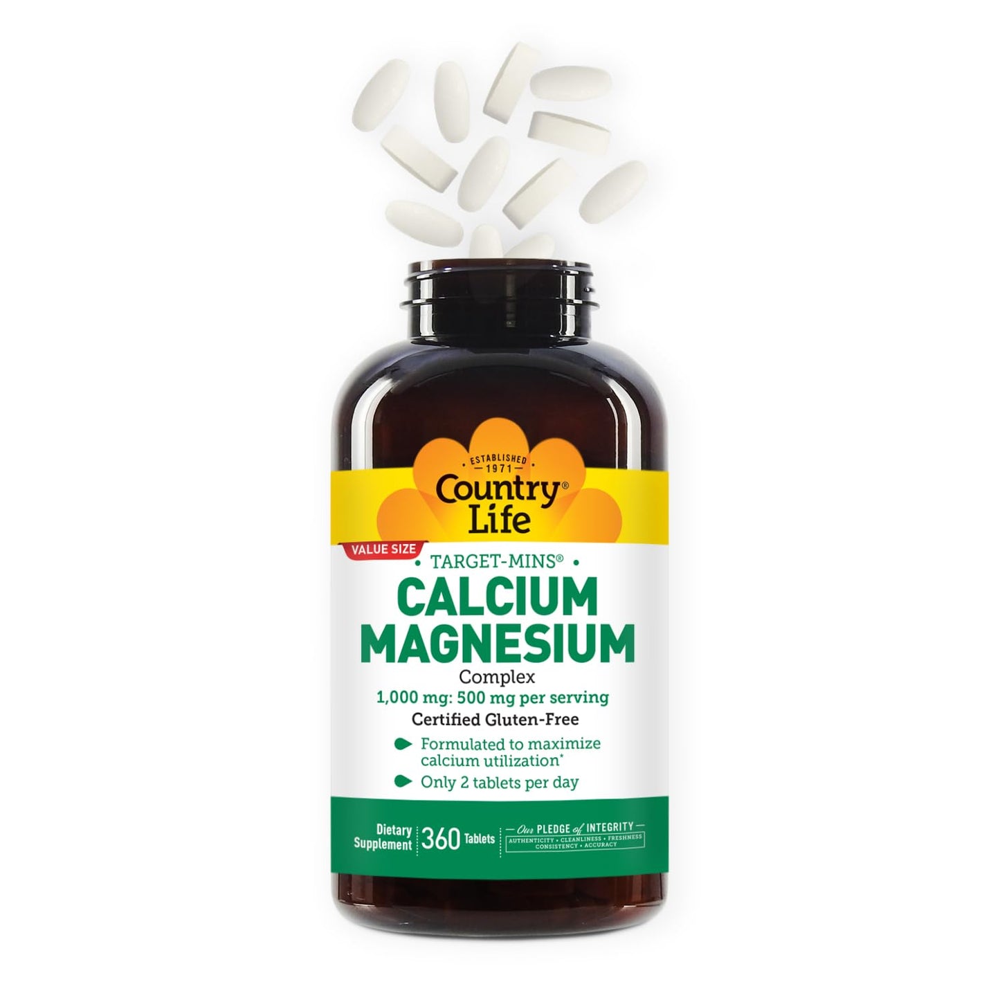 Country Life Target-Mins Calcium Magnesium Supplement for Bone Health, 1000mg Calcium, 500mg Magnesium, Gluten Free, 2:1 Ratio for Optimal Utilization