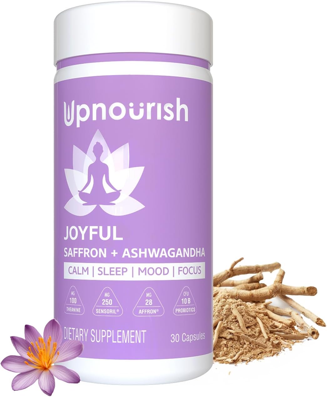 UpNourish Organic Ashwagandha Saffron Supplements with Probiotics - Stress Relief, Mood Enhancer, Calm Happy Pills Support Fatigue Focus Clarity with L-Theanine, Rhodiola, 30 Vegan Capsules