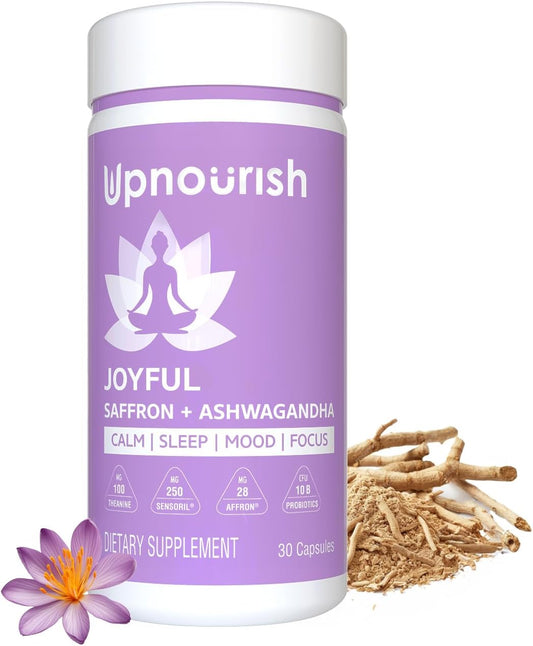 UpNourish Organic Ashwagandha Saffron Supplements with Probiotics - Stress Relief, Mood Enhancer, Calm Happy Pills Support Fatigue Focus Clarity with L-Theanine, Rhodiola, 30 Vegan Capsules