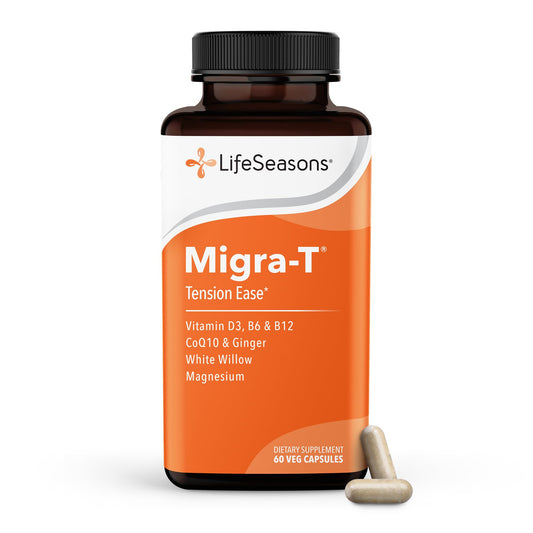 LifeSeasons Migra-T Tension Ease – Headache & Migraine Support Supplement with Feverfew, White Willow, Magnesium, CoQ10 & Ginger – Tension, Light Sensitivity & Nervous System Balance - 90 Capsules