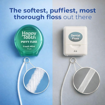 Happy Tooth Dental Floss, Natural Floss for Daily Dental Hygiene, Expanding String Floss for Tight Spaces Between Teeth, with Hydroxyapatite and Mint Flavor Tooth Cleaning Routine, 3 Pack