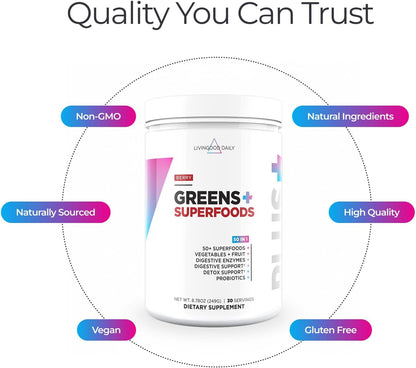 Livingood Daily Greens & Superfood Powder, Super Greens for Gut Health, Green Juice Powder with Spirulina, Chlorella, and Digestive Enzymes, Probiotics for Digestive Support, Berry, 30 Servings