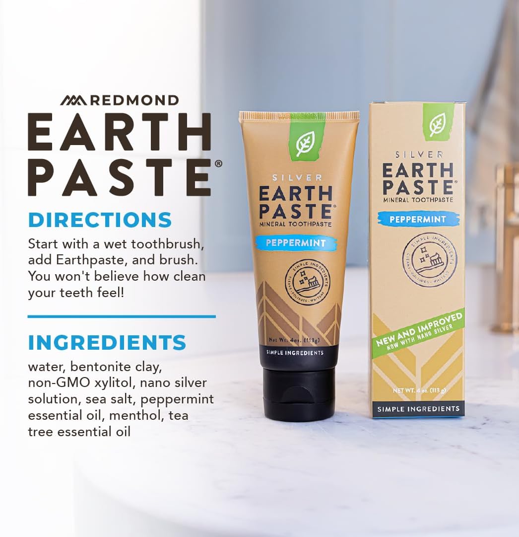 Redmond Earthpaste with Silver - Natural Non-Fluoride Toothpaste, 4 Ounce Tube (Peppermint)