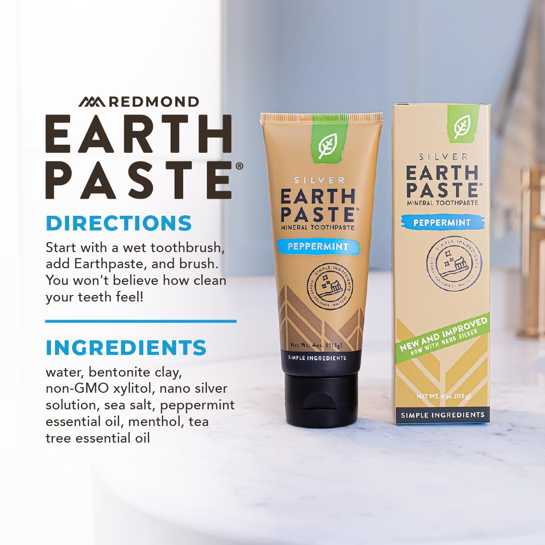 Redmond Earthpaste with Silver - Natural Non-Fluoride Toothpaste, 4 Ounce Tube (Peppermint)