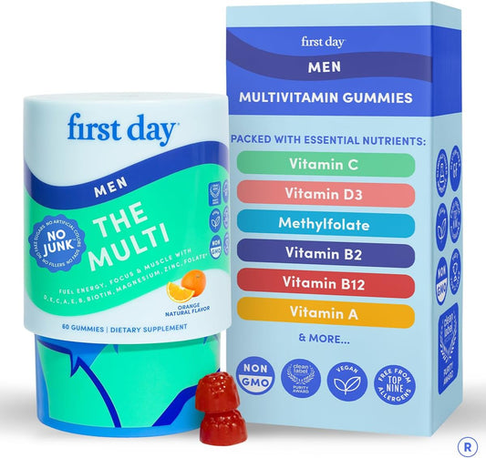 FIRST DAY Men's Multivitamin Gummy with 13 Key Nutrients, 60 Gummies | Vegan gummy vitamins for men with methylfolate, zinc and organic fruit and veggie blend; take 2 daily for a 30-day supply.