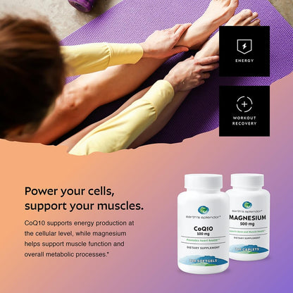 Earth's Splendor CoQ10 100 mg Softgels + Magnesium 500 mg Caplets – Cellular Energy Production, Heart & Muscle Support, Non-GMO, No Artificial Flavors