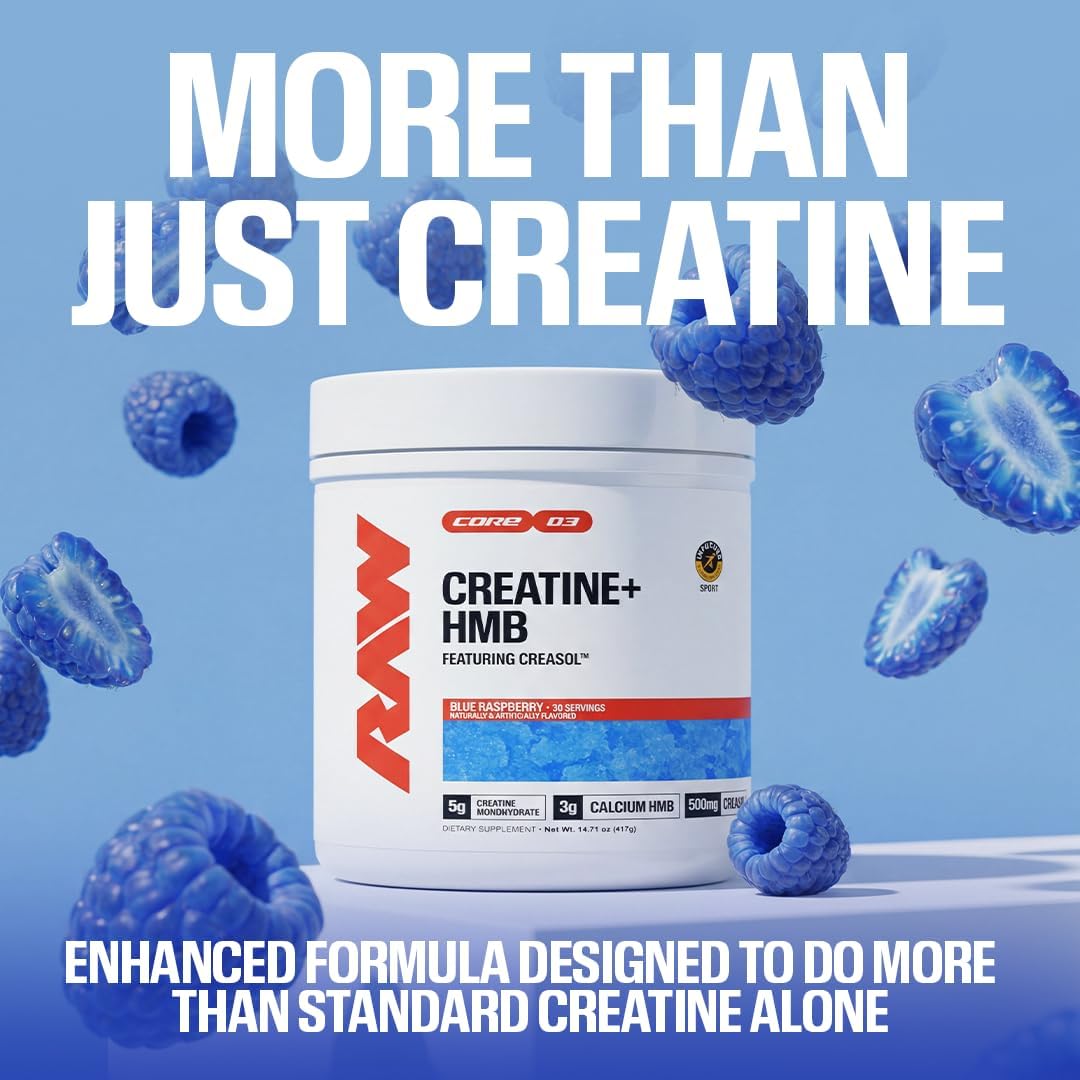 RAW Creatine Plus HMB, Champion Mentality, Creatine HMB Powder - Creatine Monohydrate Powder with 3G HMB, Taurine & No Added Sugar, Muscle Mass Growth, Strength Building & Enhanced Energy, 30 Servings