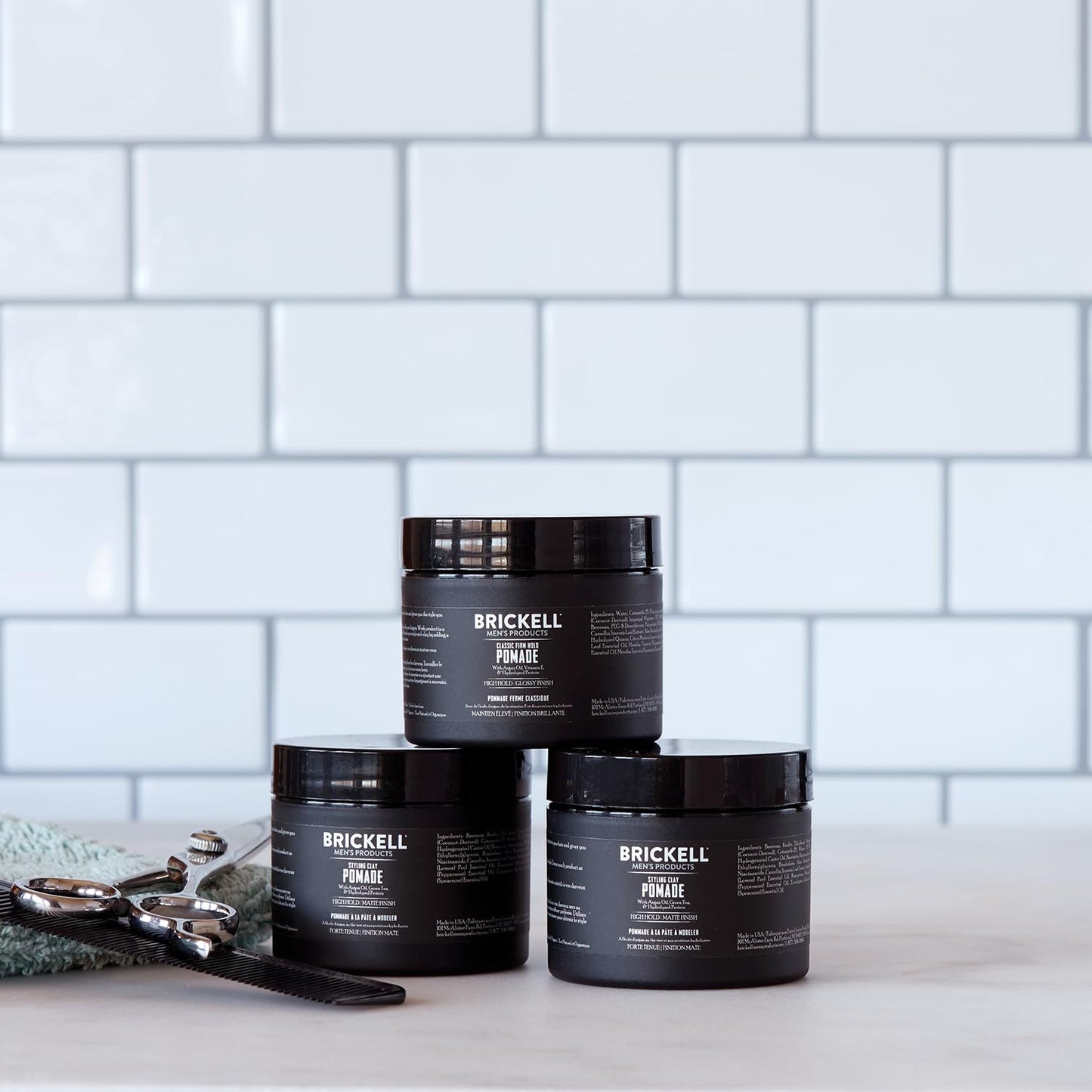 Brickell Men's Products Hair Styling Clay Pomade For Men, Strong Hold & Matte Finish, Product for Modern Hairstyles, With Argan Oil, Niacinamide, and Hydrolyzed Protein, 2 Ounces, Scented