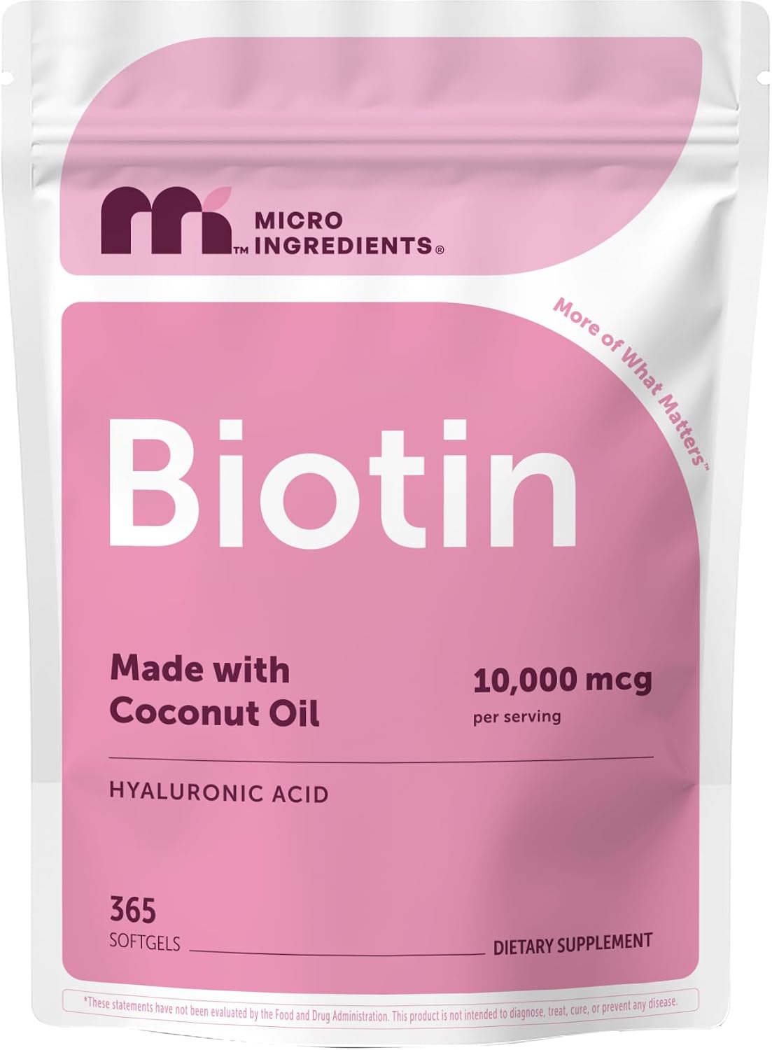 Micro Ingredients Biotin 10,000 mcg with Hyaluronic Acid 25 mg Per Serving | Made with Coconut Oil | 365 Softgels | 1 Per Day | One Year Supply | Non-GMO & Gluten Free