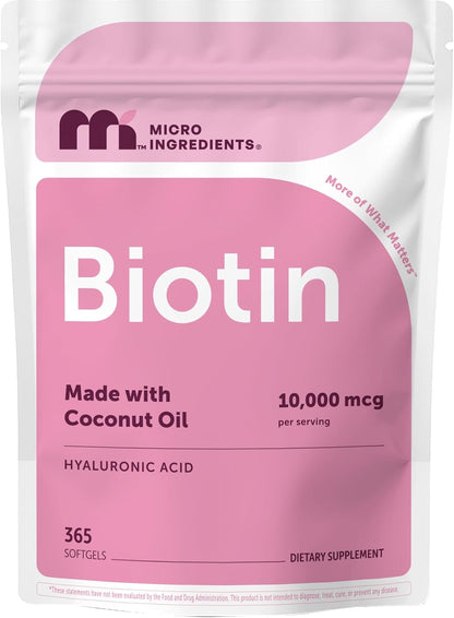 Micro Ingredients Biotin 10,000 mcg with Hyaluronic Acid 25 mg Per Serving | Made with Coconut Oil | 365 Softgels | 1 Per Day | One Year Supply | Non-GMO & Gluten Free