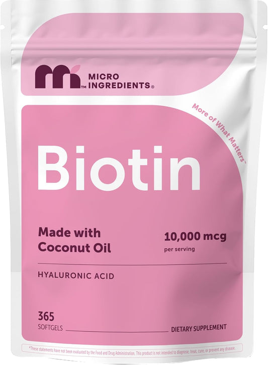 Micro Ingredients Biotin 10,000 mcg with Hyaluronic Acid 25 mg Per Serving | Made with Coconut Oil | 365 Softgels | 1 Per Day | One Year Supply | Non-GMO & Gluten Free