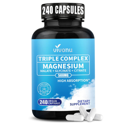 Triple Magnesium Complex for Women and Men, Magnesium Glycinate 400mg, Malate, Citrate, High Absorption Chelated Magnesium Supplement Support Sleep, Muscle, Non-GMO, Gluten Free - 240 Capsules