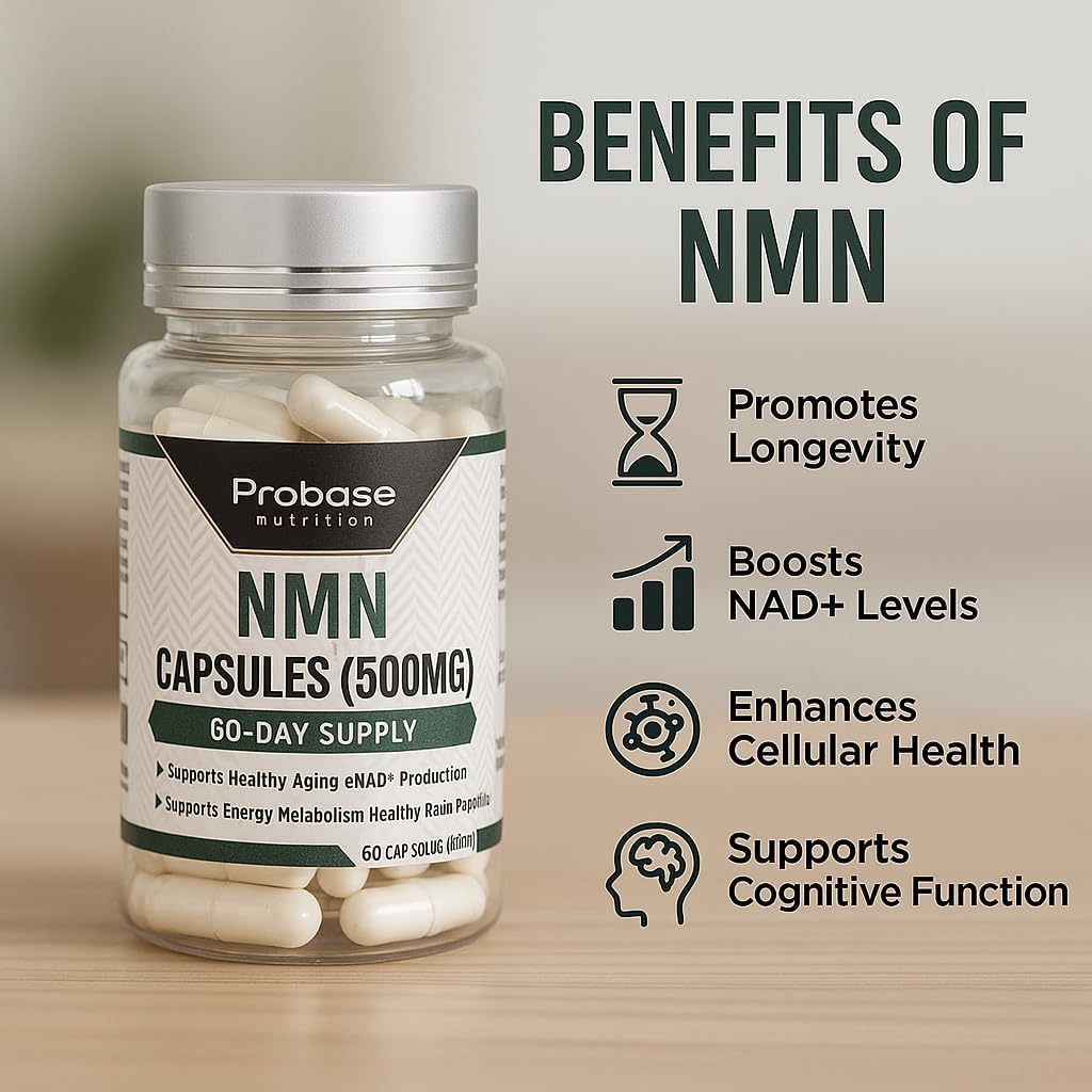 Probase Nutrition Longevity Pure NMN Capsules 60 Count (500mg Each) - Ultra-Pure, Fully Stabilized, Pharmaceutical Grade NMN to Boost NAD+, Nicotinamide Mononucleotide Capsules (Packaging May Vary)