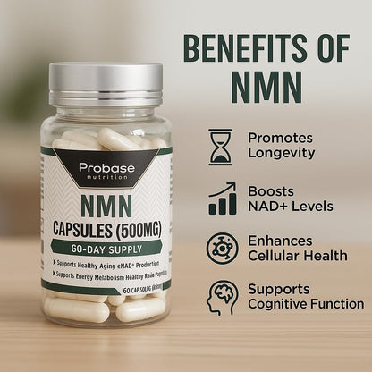 Probase Nutrition Longevity Pure NMN Capsules 60 Count (500mg Each) - Ultra-Pure, Fully Stabilized, Pharmaceutical Grade NMN to Boost NAD+, Nicotinamide Mononucleotide Capsules (Packaging May Vary)