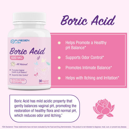 Puregen Labs Boric Acid 600 mg Vaginal Suppositories - 100% Pure | All Natural Without Dyes or Fillers