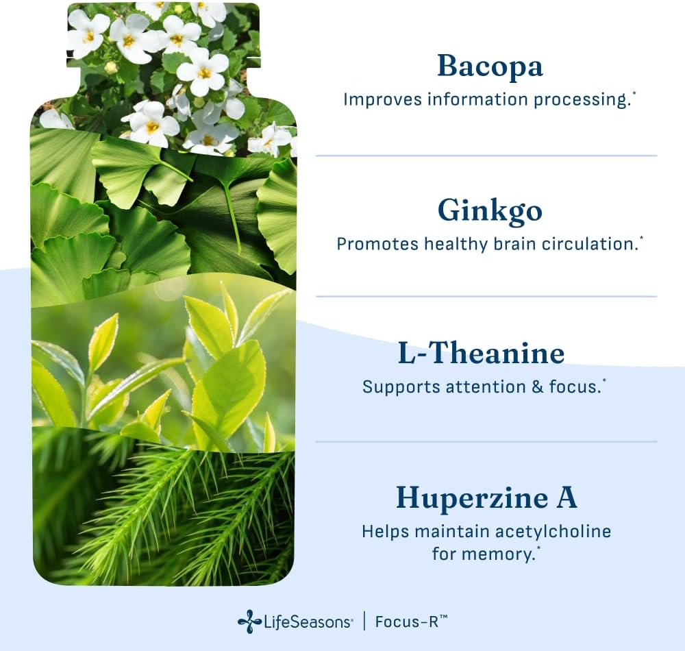LifeSeasons Focus-R Concentration Support – Memory, Focus & Mental Clarity Supplement with Bacopa, Rhodiola, L-Tyrosine & B Vitamins – Cognitive Performance & Brain Energy – 60 Veg Capsules