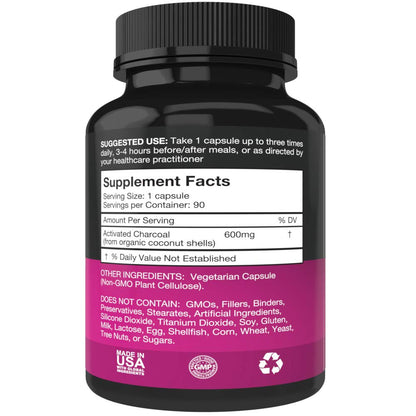 Pure Organic Activated Charcoal Capsules - 600mg per Capsule, 90 Vegetarian Capsules
