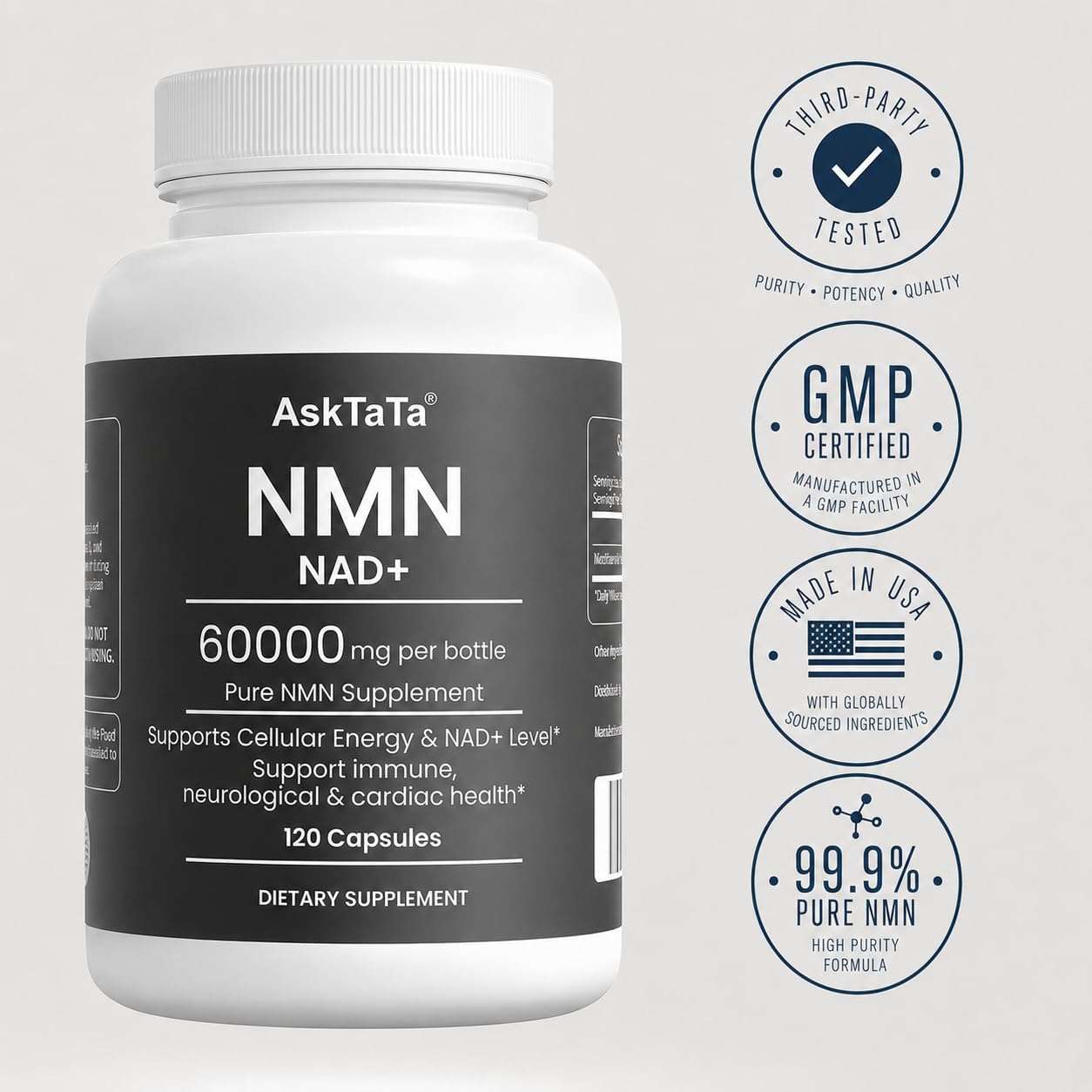NMN Supplement 60000mg Nicotinamide Mononucleotide NAD+ Precursor Supports Mitochondrial Function, Cellular Energy & Healthy Aging 120 Capsules 60 Servings