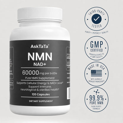 NMN Supplement 60000mg Nicotinamide Mononucleotide NAD+ Precursor Supports Mitochondrial Function, Cellular Energy & Healthy Aging 120 Capsules 60 Servings