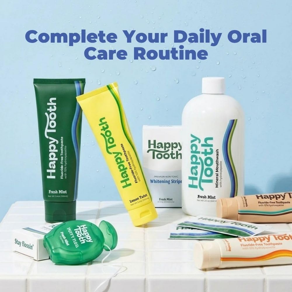 Happy Tooth Dental Floss, Natural Floss for Daily Dental Hygiene, Expanding String Floss for Tight Spaces Between Teeth, with Hydroxyapatite and Mint Flavor Tooth Cleaning Routine, 3 Pack