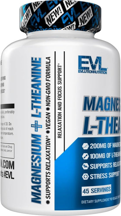 Magnesium L Theanine Supplement - Evlution Nutrition Mind & Body Calming Magnesium with L-Theanine Blend to Support Focus Relaxation & Cortisol - Vegan Non-GMO & Gelatin Free (45 Servings)