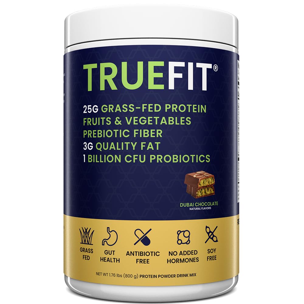 TrueFit Grass-Fed Whey Protein Powder + Fiber & Probiotics, Vanilla Shake | 25g Gut Healthy Protein with Fiber, Probiotics & Non-GMO Superfoods for Complete Meal Replacement Shake with Nothing Fake