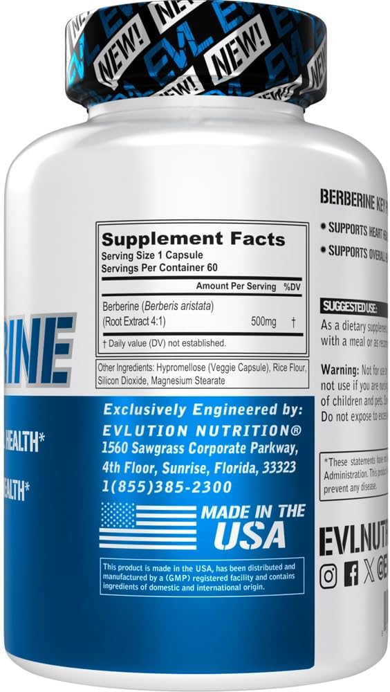 Evlution Nutrition Berberine - Supports Heart Health & Overall Health - 500mg Pure Berberine Per Serving - Vegan Formula - Non-GMO - Dietary Supplement - 60 Servings - 60 Veggie Capsules