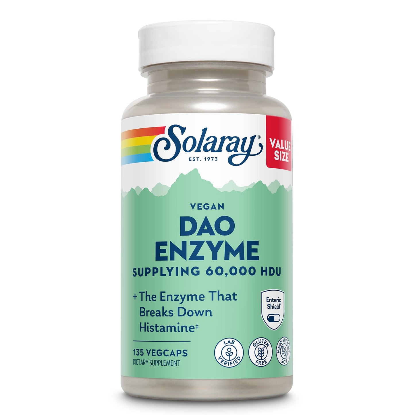 SOLARAY DAO Enzyme - Digestive Enzyme that Breaks Down Histamine - 60,000 HDU - Digestive Enzymes - Vegan, Gluten Free, Lab Verified - 30 Servings, 30 VegCaps