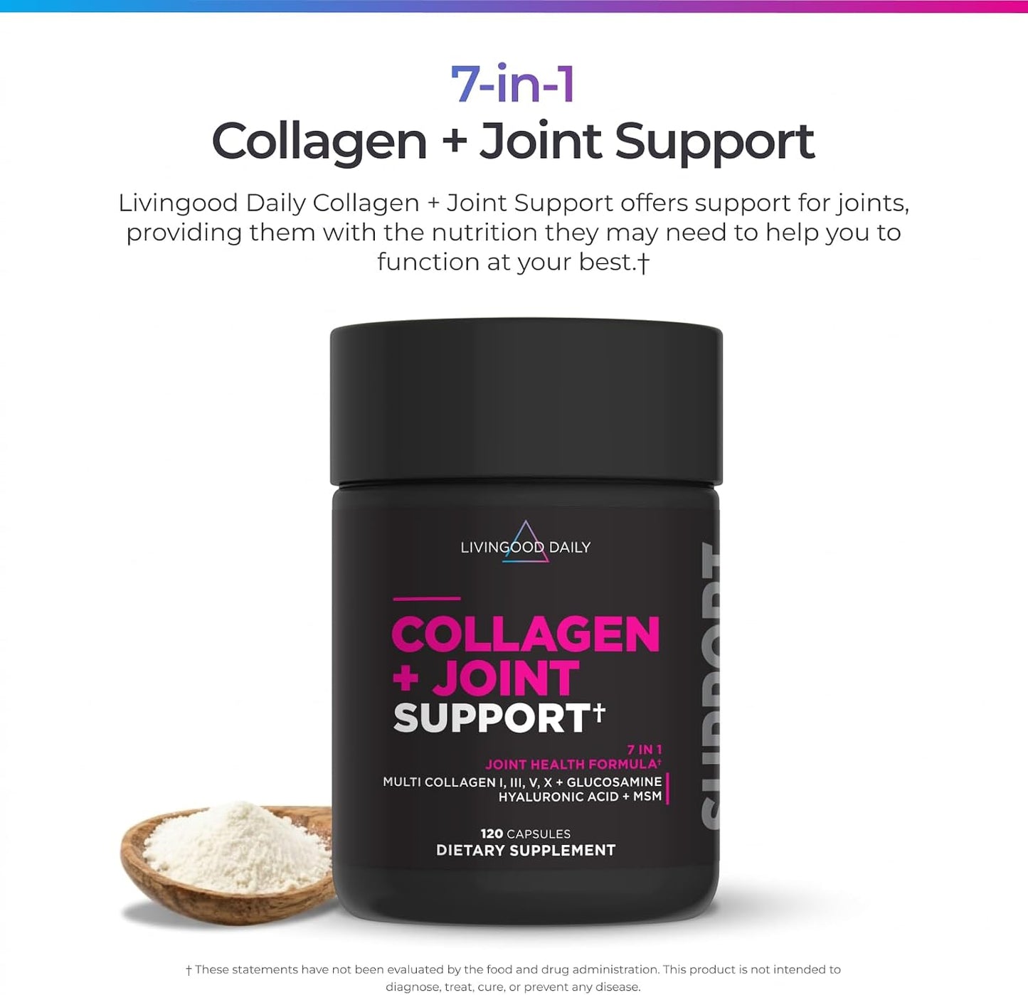 Livingood Daily Collagen + Joint Support, Grass Fed Multi Collagen Peptides I III V X with Hyaluronic Acid, Joint Support Supplement for Women & Men, Hair Skin Nails, Keto & Gluten Free, 120 Capsules