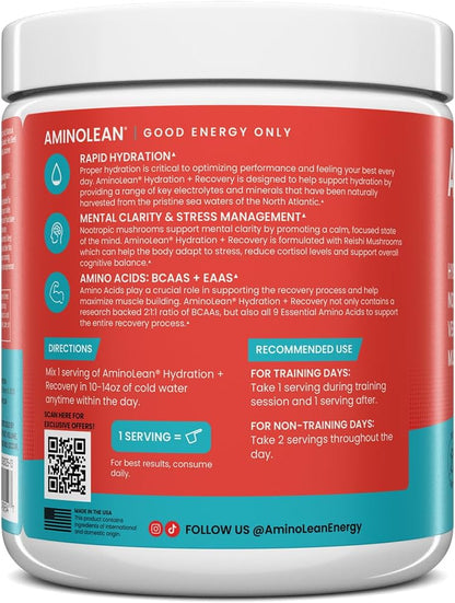AminoLean Recovery Electrolytes Powder with Vegan BCAA + EAA Amino Acids | 5g Vegan Amino Acids, Hydration, Electrolytes & Nootropic Reishi Mushrooms for Post Workout & Morning Recovery, Sugar Free