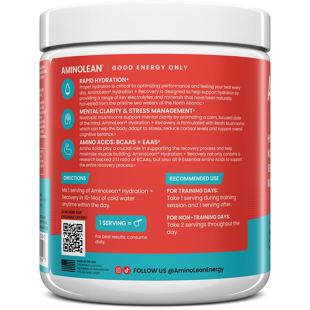 AminoLean Recovery Electrolytes Powder with Vegan BCAA + EAA Amino Acids | 5g Vegan Amino Acids, Hydration, Electrolytes & Nootropic Reishi Mushrooms for Post Workout & Morning Recovery, Sugar Free