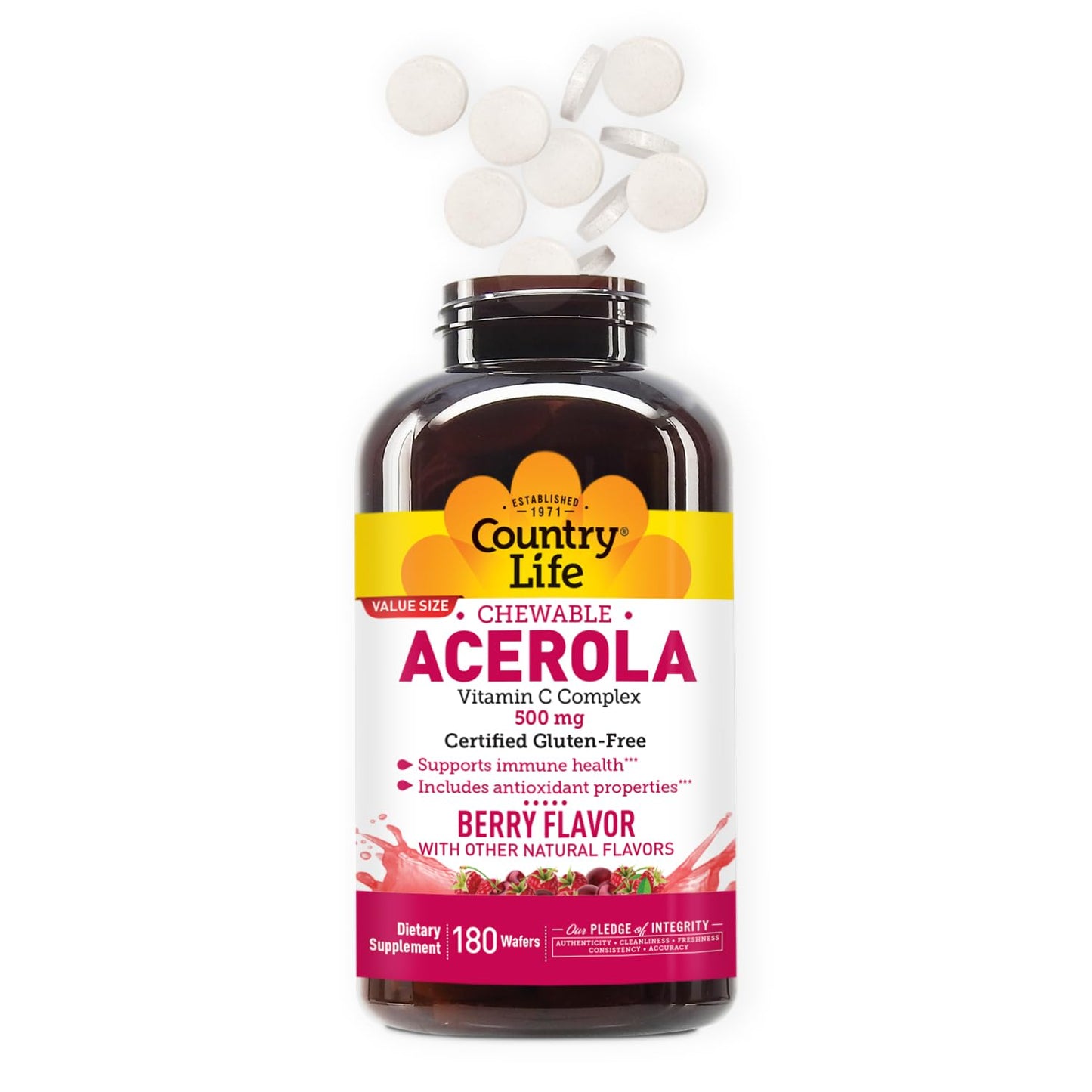 Country Life Acerola Vitamin C Complex, 500mg, Chewable Berry Flavored Wafers, Supports Immune Health, 180 Wafers, Certified Gluten Free by GFCO , Certified Vegan by AVA