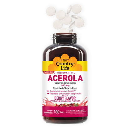 Country Life Acerola Vitamin C Complex, 500mg, Chewable Berry Flavored Wafers, Supports Immune Health, 180 Wafers, Certified Gluten Free by GFCO , Certified Vegan by AVA