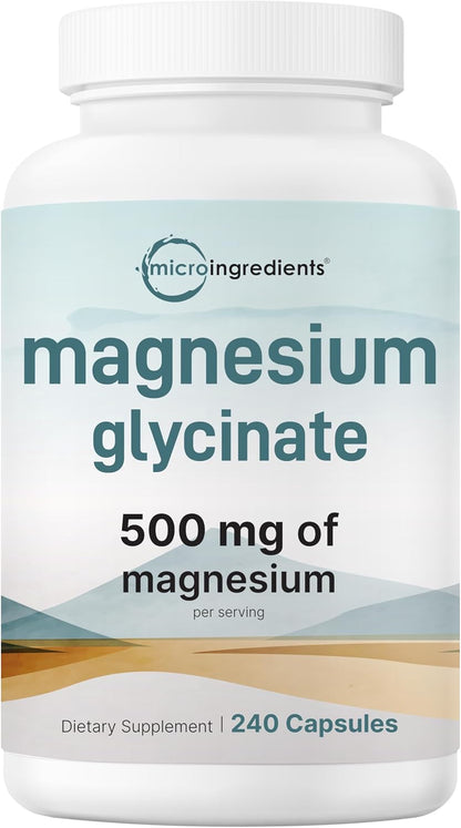 Micro Ingredients Magnesium Glycinate 500mg Per Serving, 240 Capsules | Potent Elemental Form, Chelated, High Absorption | Healthy Muscle, Bones, & Mood Support Supplement | Non-GMO